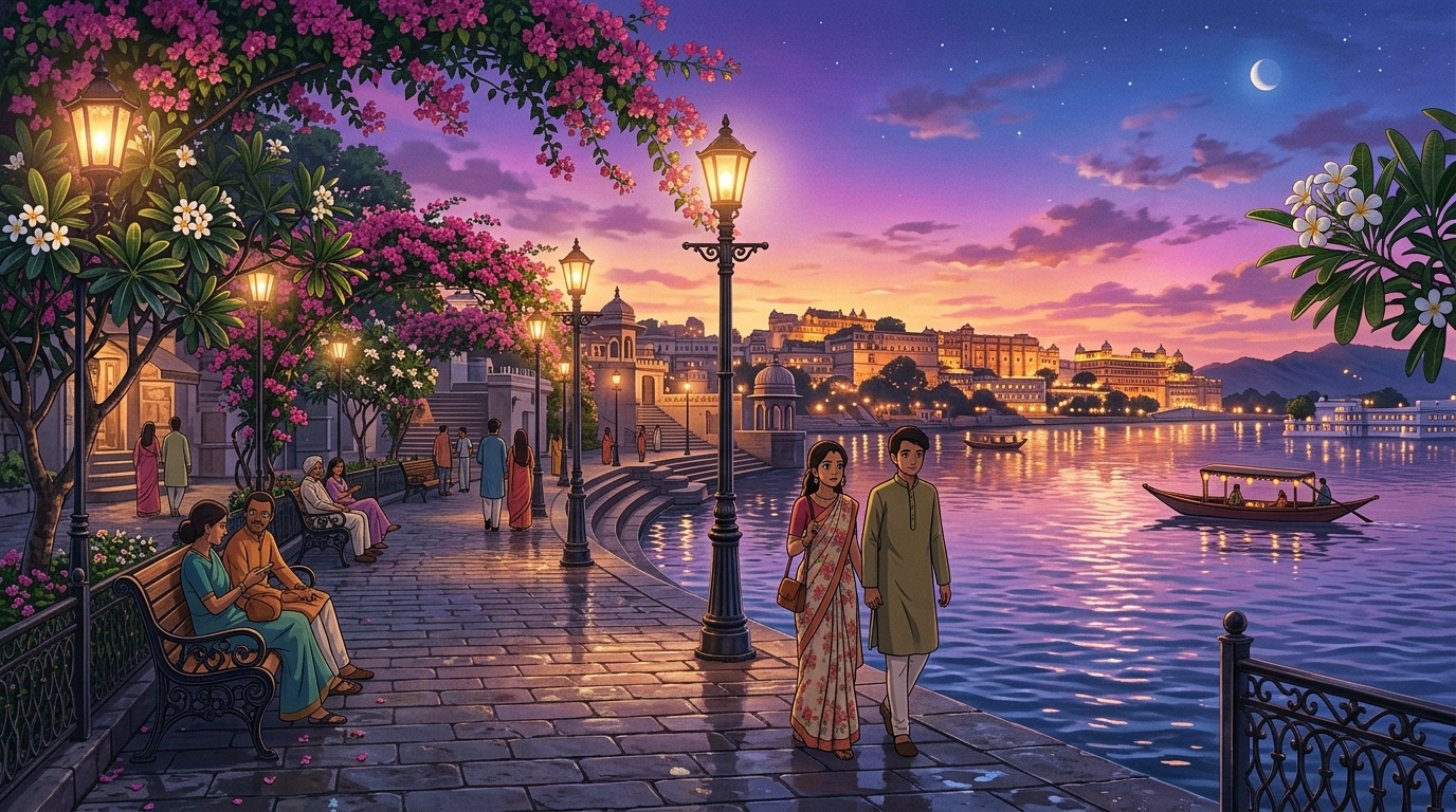 Midnight city lake promenade with warm glowing streetlamps and quiet reflections on water