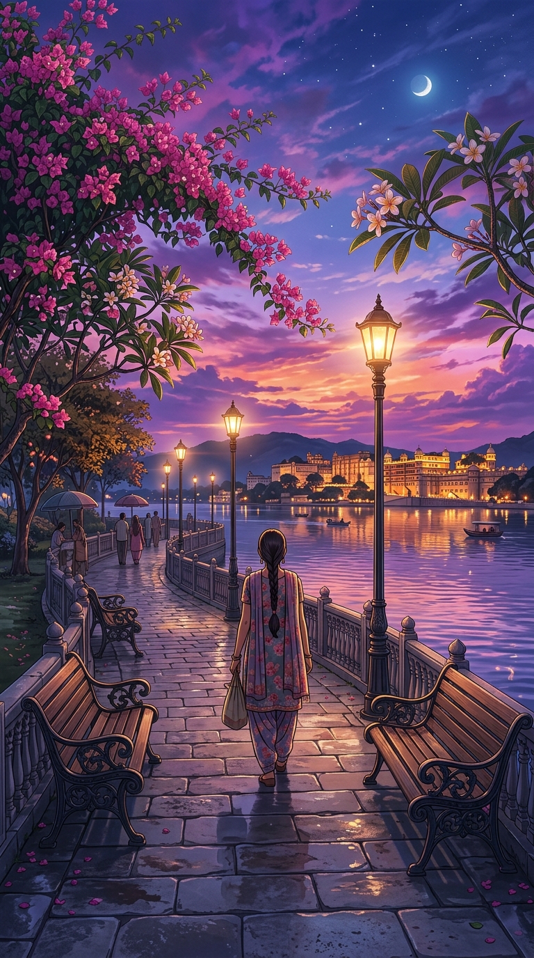 Midnight city lake promenade with warm glowing streetlamps and quiet reflections on water