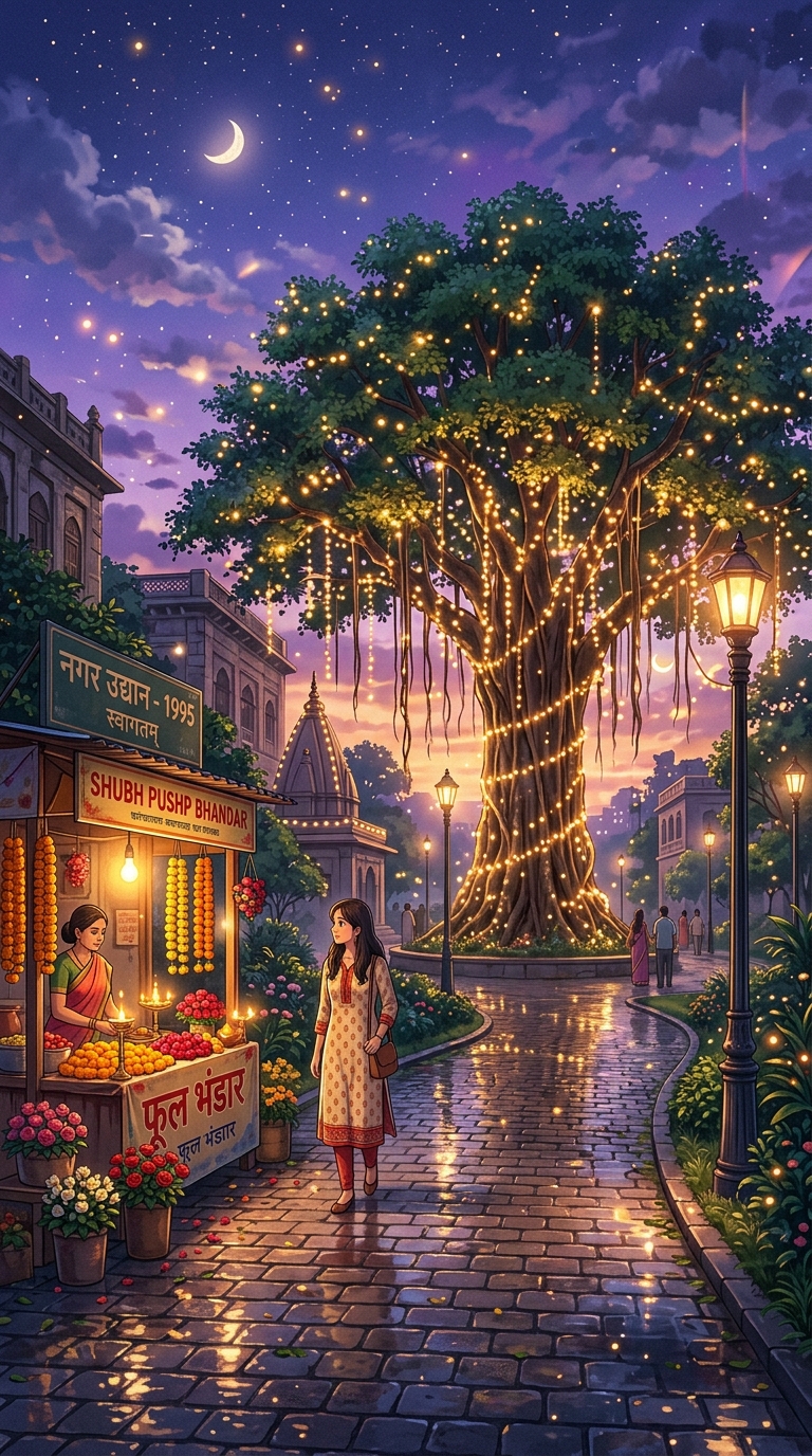 Ancient banyan tree glowing softly with fairy lights in quiet midnight solitude
