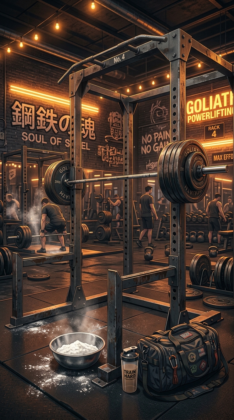 Hardcore powerlifting squat rack power cage arena with loaded iron plates and neon amber backlight