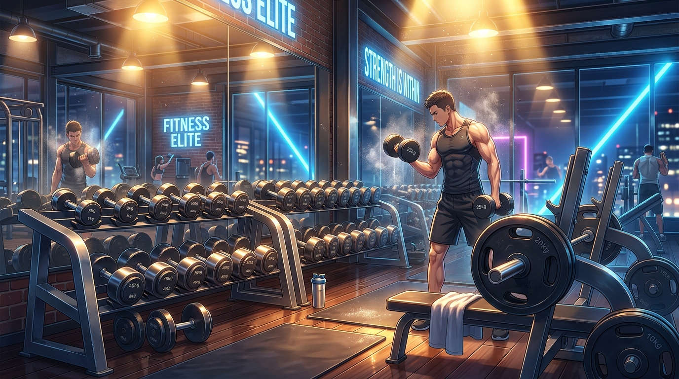 Athletic bodybuilding workout arena with dumbbell racks and glowing neon gym reflections
