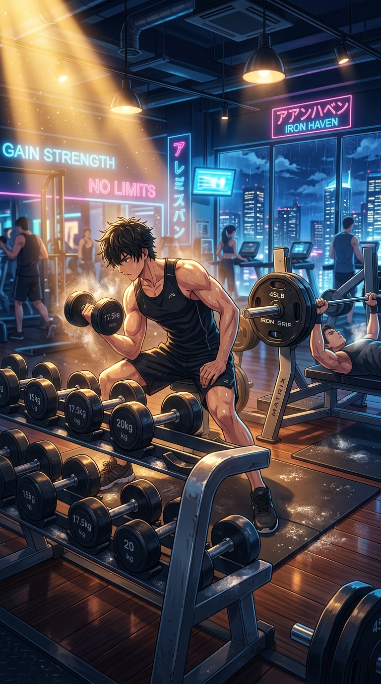 Athletic bodybuilding workout arena with dumbbell racks and glowing neon gym reflections