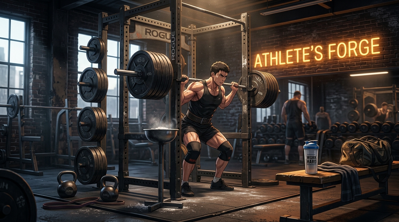 Intense strength training power cage with chalk bowl and pre-workout gym shaker
