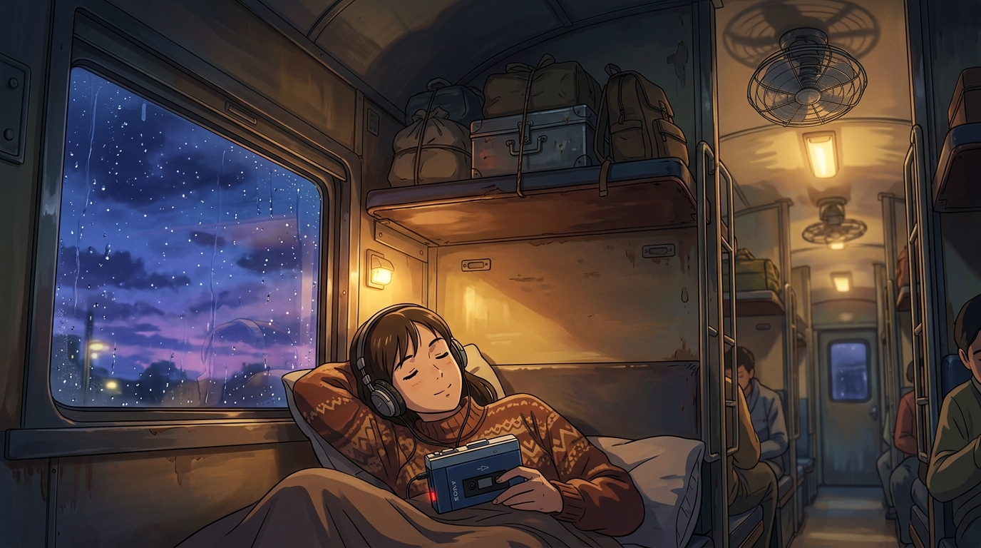Cozy night journey with monsoon rain on window and Walkman