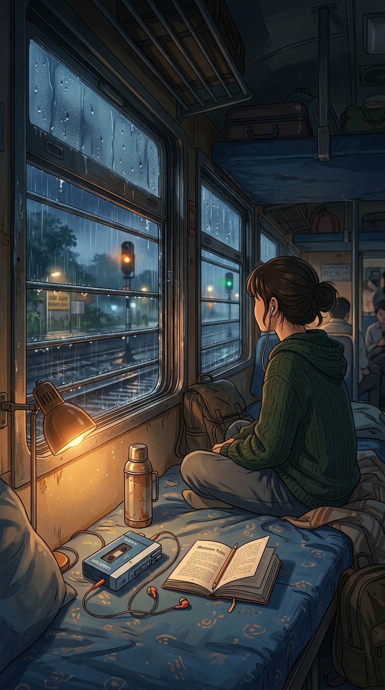 Cozy night journey with monsoon rain on window and Walkman