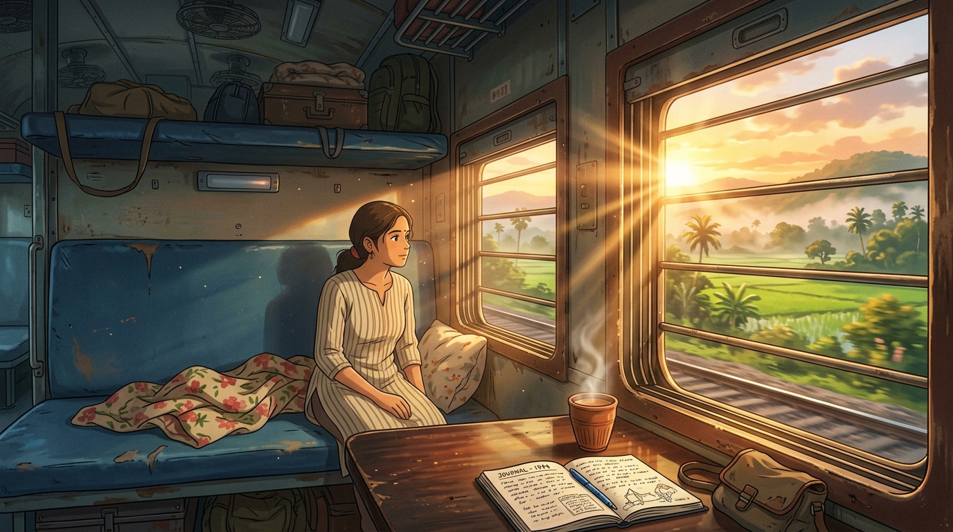 Golden sunrise rays streaming on kulhad tea and morning fields