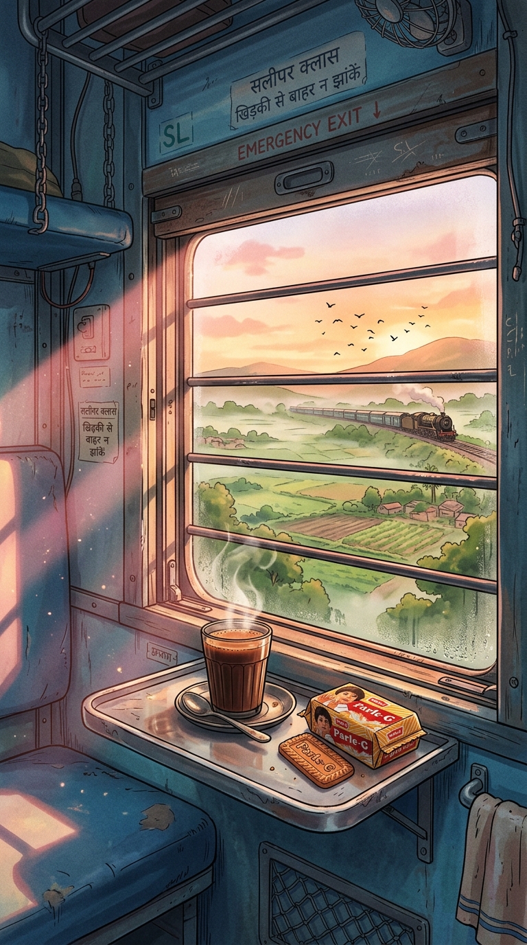 Golden sunrise rays streaming on kulhad tea and morning fields
