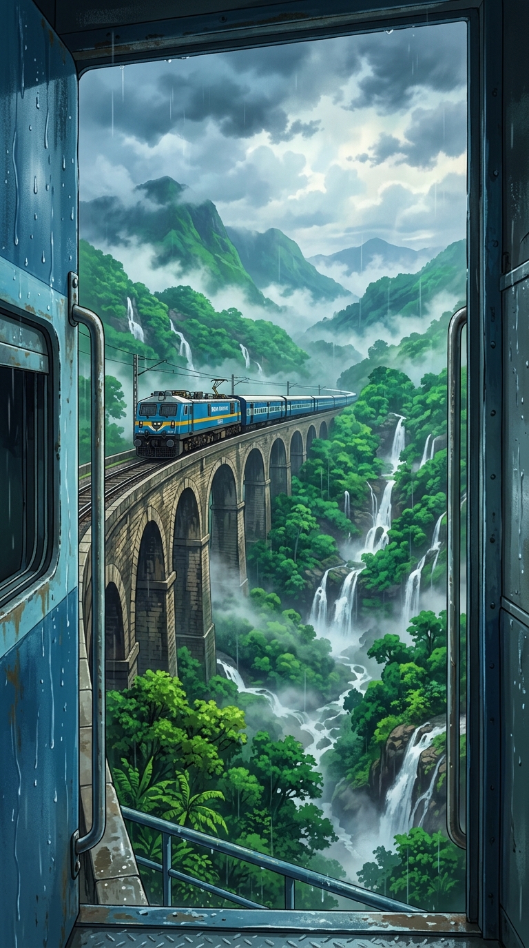 Konkan bridge crossing with lush green monsoon waterfalls